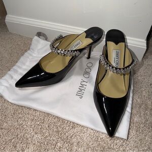Jimmy Choo Black Patent Leather Pointed-Toe Crystal Strap Heels